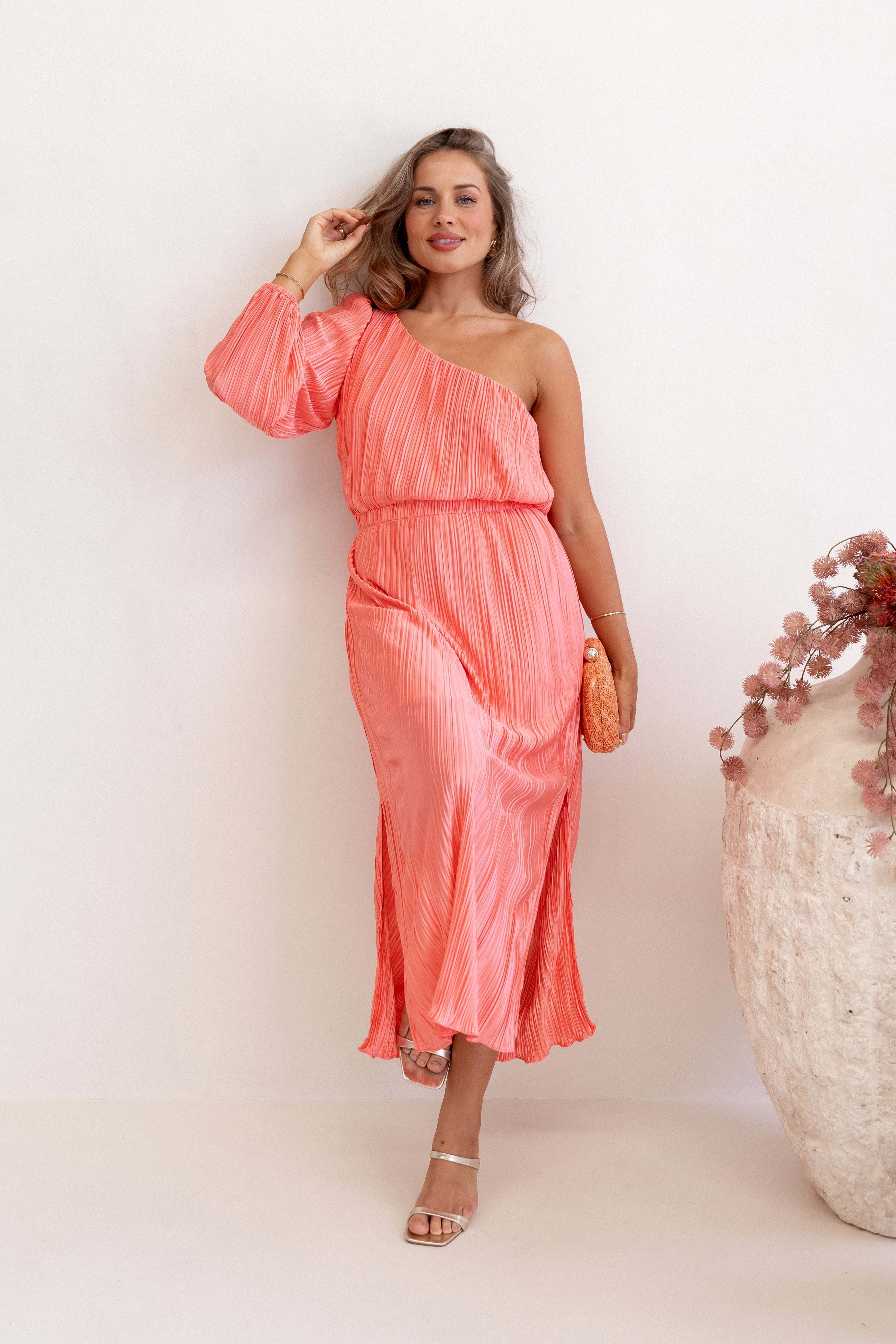 Pontee One Shoulder Pleated Midi Dress - Coral - XL - Image 34